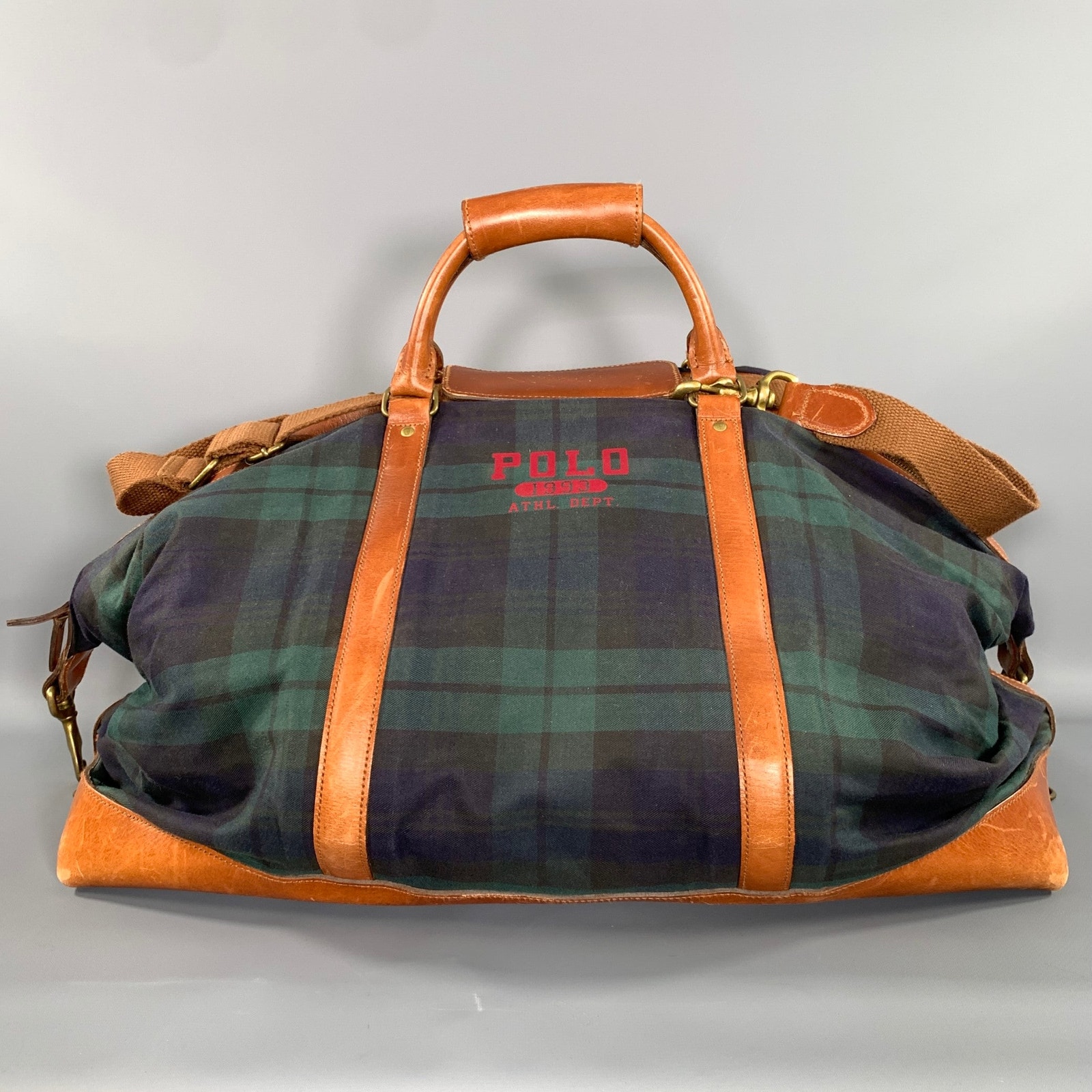 Polo Green Navy Plaid Canvas Leather Bag